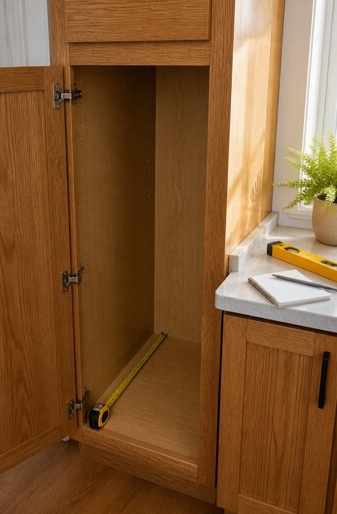 Pullout Drawers in Cabinet: Types, Costs, and Installation Guide 2 A kitchen cabinet interior with a measuring tape and tools on the counter.