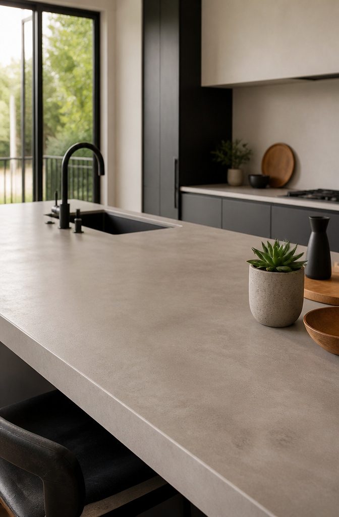 Fine gray microcement countertop in a contemporary kitchen.