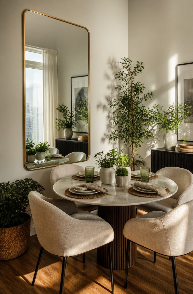 20 Small Apartment Dining Room Ideas for Tight Spaces 18 Large mirror in a dining area reflecting light and decor.