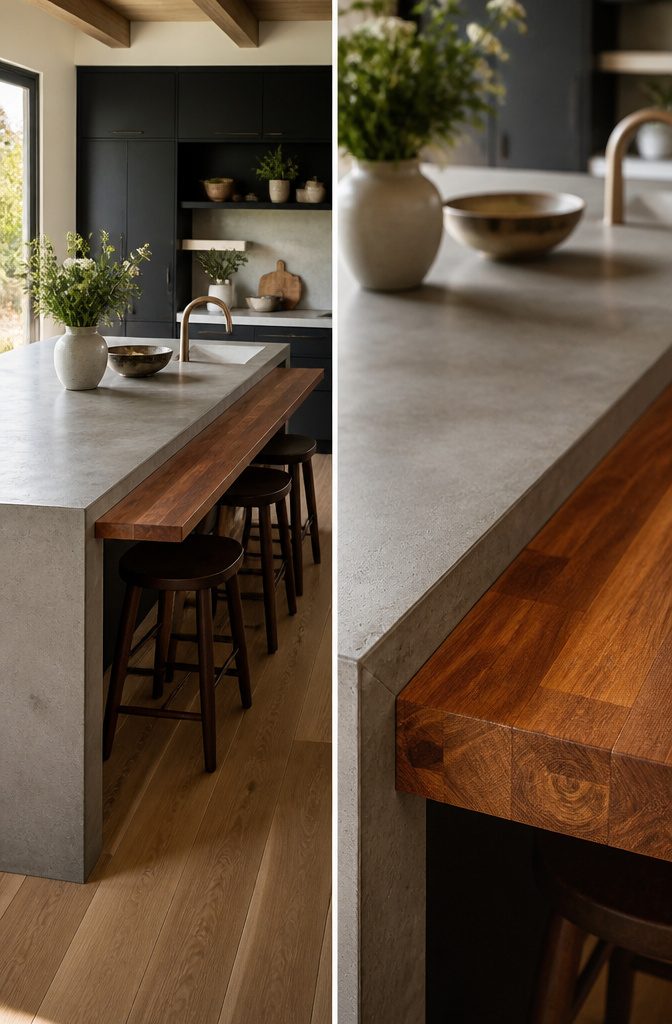 Combination of porcelain and wood surfaces in a kitchen setting.