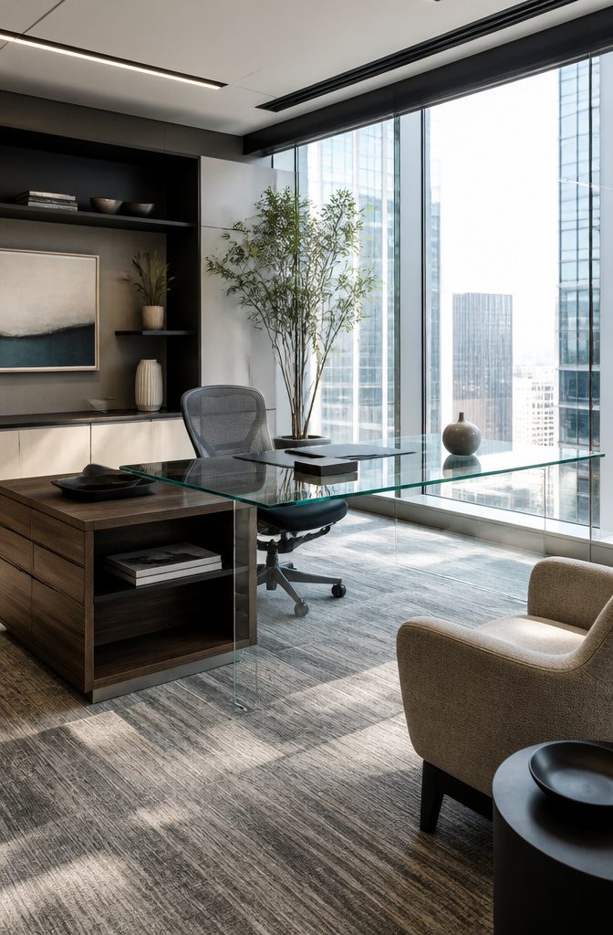 14 Open Space Office Decor Ideas That Balance Style and Function 10 A sleek glass desk beside floor-to-ceiling windows.