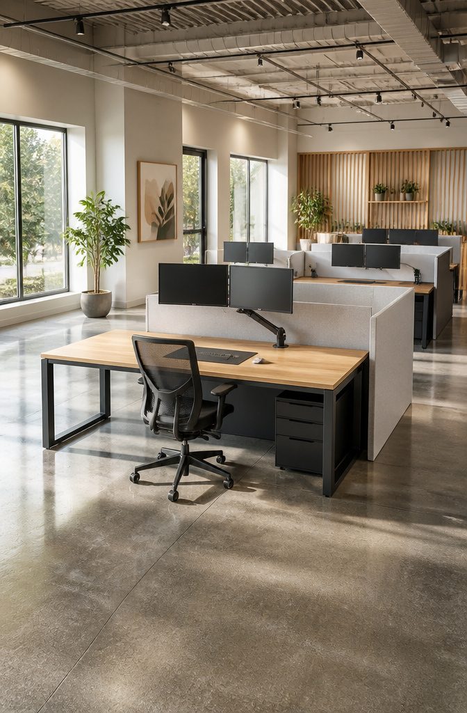 14 Open Space Office Decor Ideas That Balance Style and Function 8 A desk with dual monitors mounted on an adjustable arm.