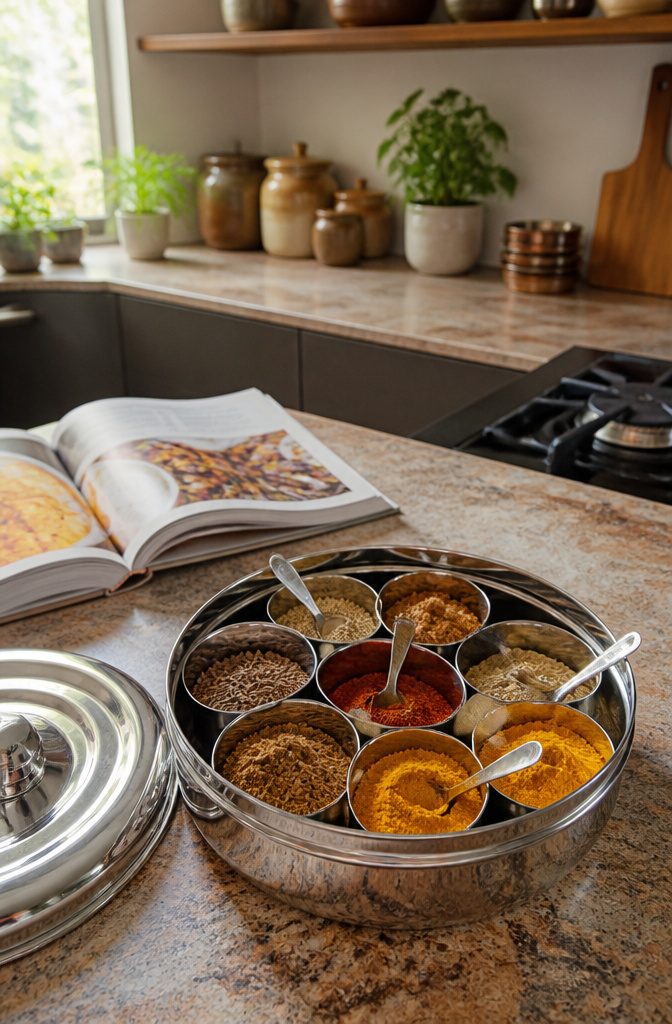 A round masala dabba with compartments filled with various spices.