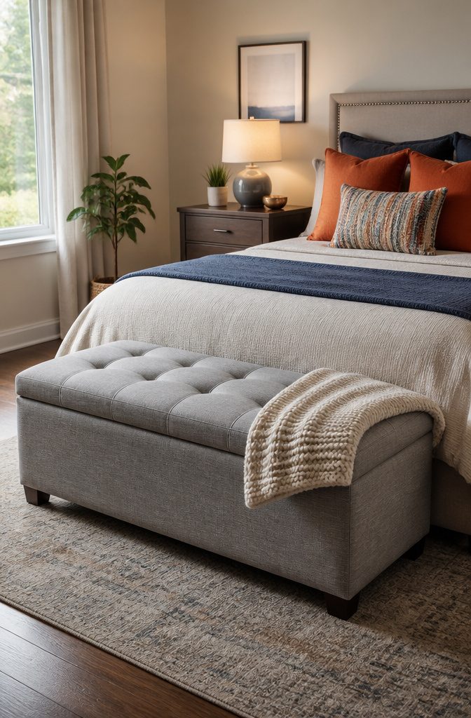 10 Small Apartment Storage Hacks to Reclaim Every Square Foot 3 A stylish gray ottoman used for storage, placed at the foot of a bed.