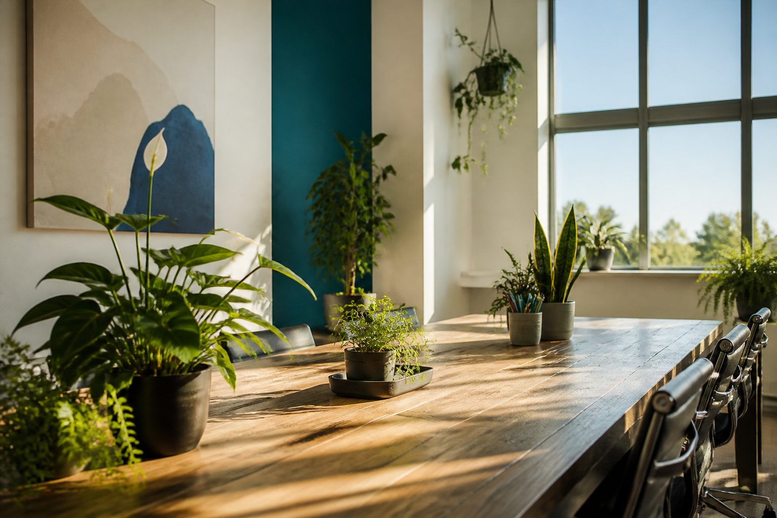 A modern open office layout with various decor elements.