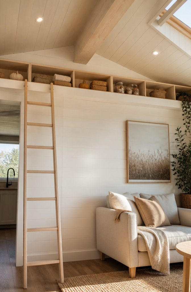 7 Smart Storage Solutions for Small Spaces in Tiny Houses 5 Overhead storage loft with bins for holiday decorations and camping gear.