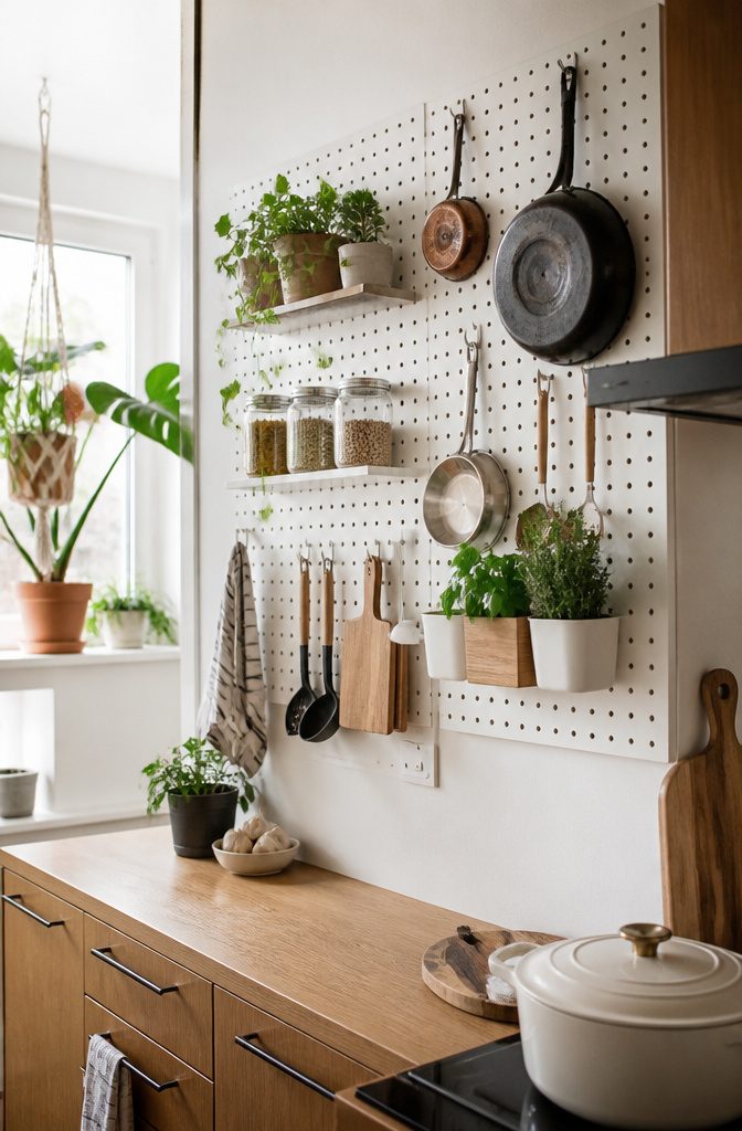10 Small Apartment Storage Hacks to Reclaim Every Square Foot 6 A white pegboard on a kitchen wall holds various cooking utensils.