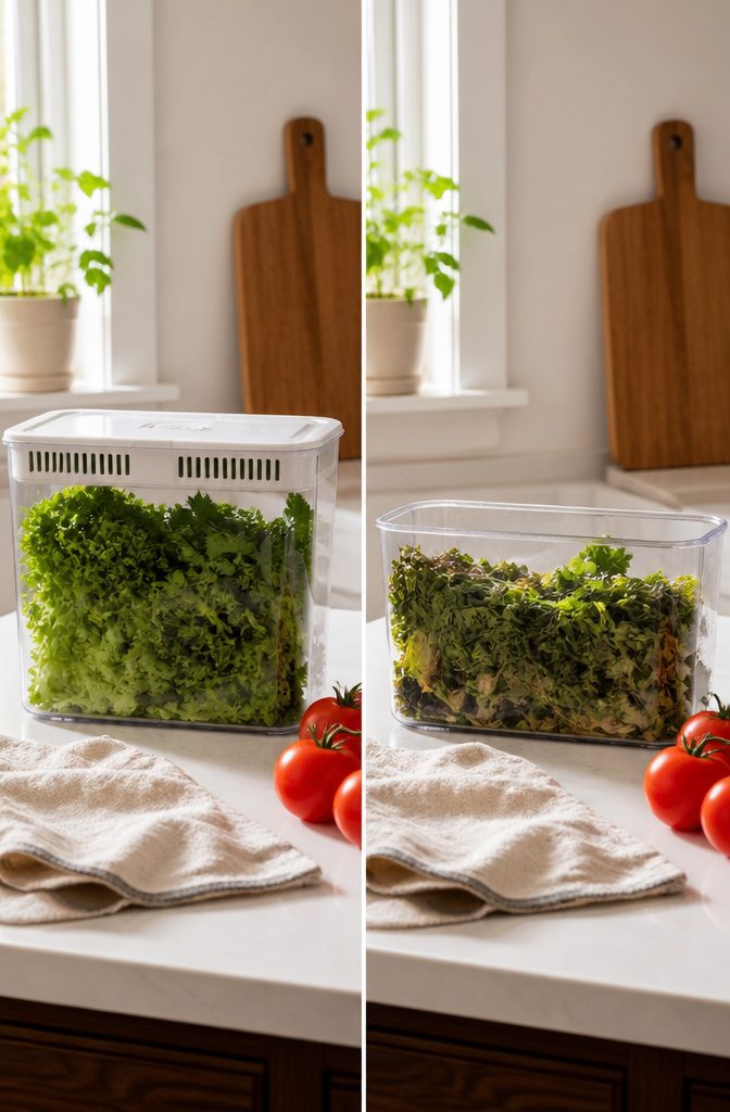 15 Kitchen Storage Ideas That Maximize Every Drawer and Shelf 16 OXO produce keeper with ventilated lid and water tray for herbs.