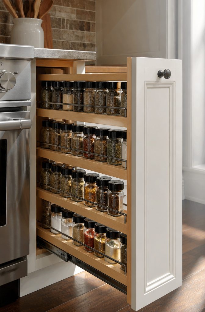 Kitchen Cabinet Pull Out Shelves and Organizers 6 A pull-out spice rack organizer displaying labeled spice bottles.