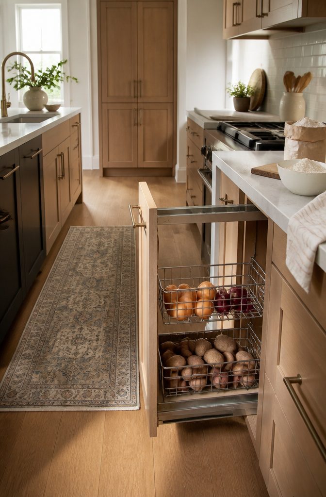 Kitchen Cabinet Pull Out Shelves and Organizers 7 A pull-out pantry basket designed for storing vegetables.