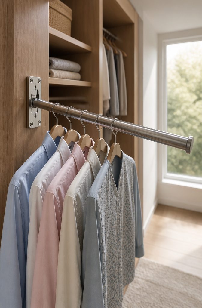 Expandable Closet Rod: Mount, Extend, Adjust 2 Pulldown closet rod shown in a cabinet, demonstrating its adjustable range.