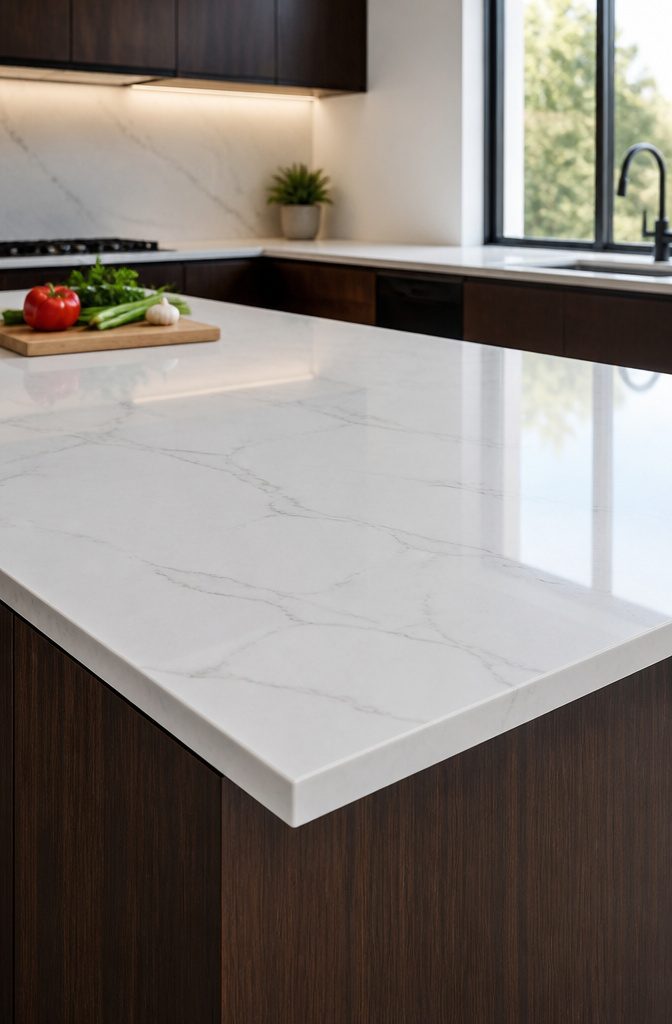 Smooth white quartz countertop with gray veining in a contemporary kitchen.