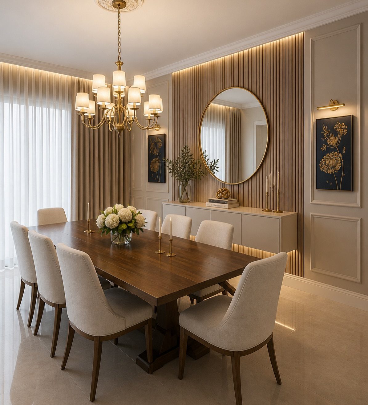 A modern dining room with a wooden table, cream chairs, and a gold chandelier.
