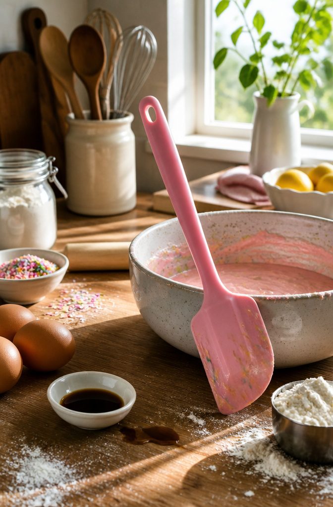 Essential Kitchen Tools: A Complete Guide for Home Cooks 20 A silicone spatula beside a ceramic bowl filled with batter.
