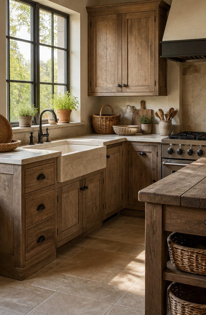 20 Unique Kitchen Cabinet Ideas for 2026 Renovations 18 Distressed oak cabinets with a farmhouse sink in a cozy kitchen.