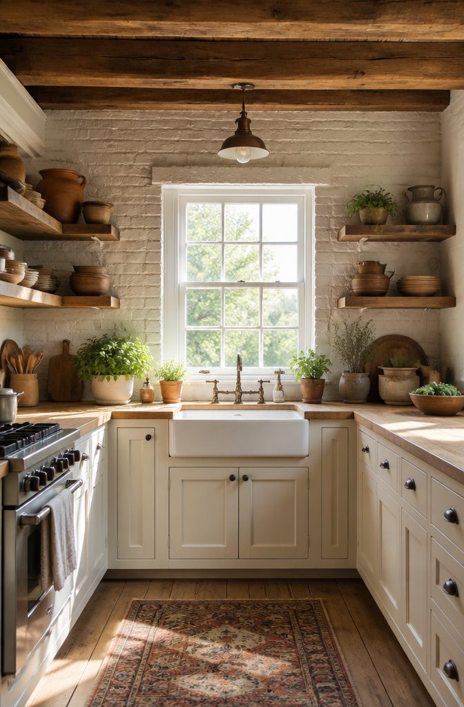 A farmhouse kitchen featuring reclaimed wood beams and open shelving.