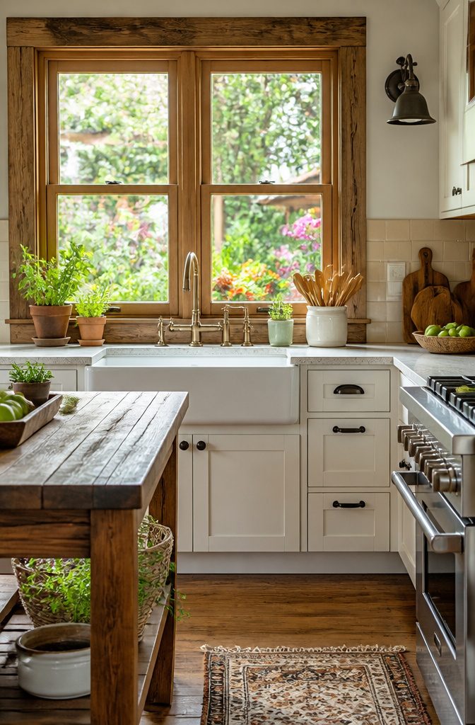 15 Kitchen Window Styles for Light, Views & Fresh Air 14 A rustic wood-framed window in a cozy kitchen setting.
