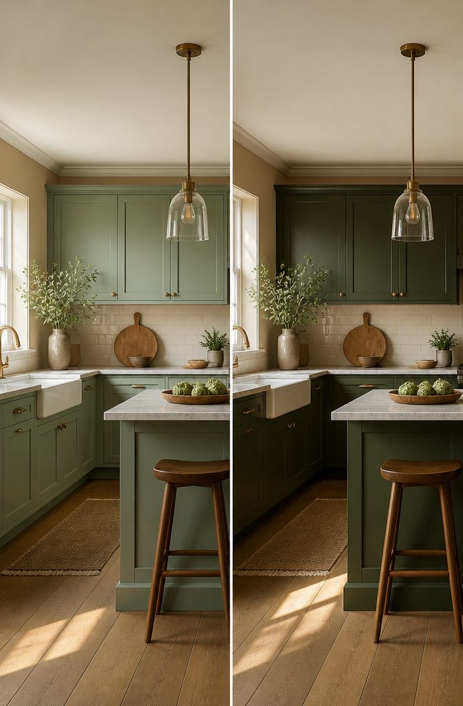 7 Beige and Green Kitchen Ideas for Cabinets, Countertops, and Accents 9 Sage green cabinets in morning light.