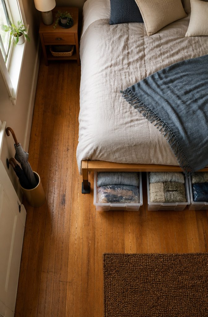 10 Small Apartment Storage Hacks to Reclaim Every Square Foot 15 Vacuum-sealed bags storing clothes under a bed for space-saving.