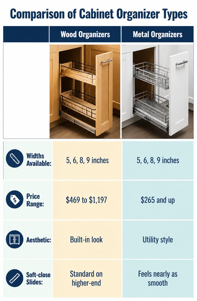 Kitchen Cabinet Pull Out Shelves and Organizers 10 A comparison chart of different cabinet organizer types.