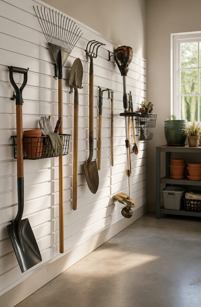 Garage Storage for Garden Tools: 7 Ways to Organize 3 A slatwall panel system with hooks and baskets for garden tools.