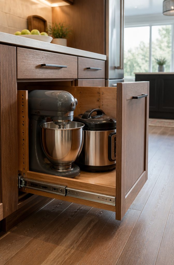 Kitchen Cabinet Pull Out Shelves and Organizers 2 A pull-out cabinet drawer with a KitchenAid and Instant Pot inside.