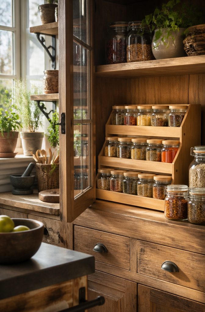 Home Storage and Organization: 20 Products That Keep Spaces Tidy 7 Bamboo spice jar organizer holding glass jars filled with spices.