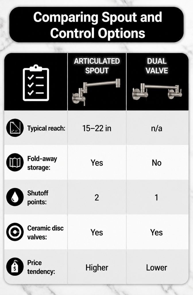 5 Pot Filler Faucet Types for Kitchen Stoves & Range Water Faucets 9 An illustration titled 'Comparing Spout and Control Options'.