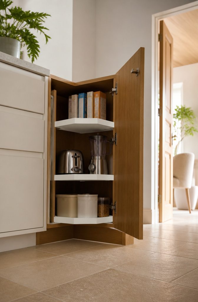 15 Kitchen Storage Ideas That Maximize Every Drawer and Shelf 7 Triangular risers in a corner cabinet for better storage organization.