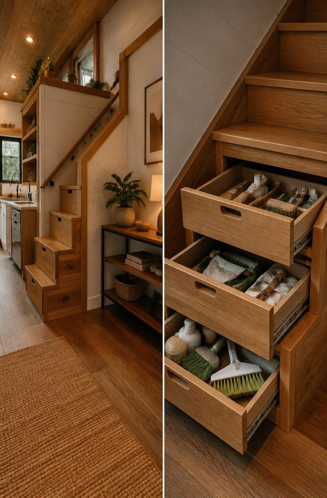 7 Smart Storage Solutions for Small Spaces in Tiny Houses 12 Pull-out drawers beneath the stairs for storage.