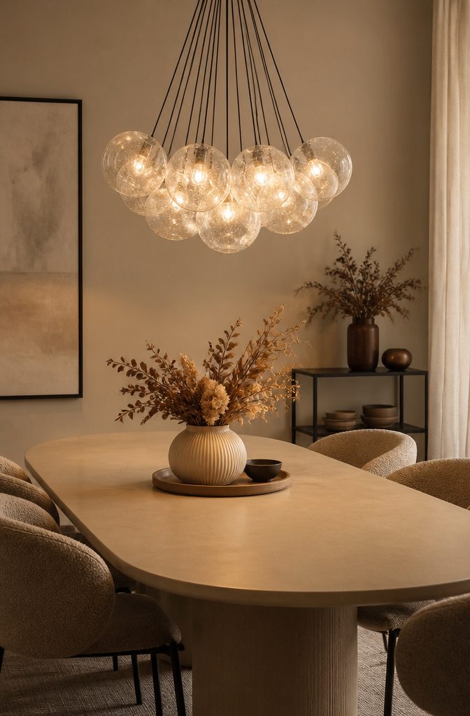 10 Beige Dining Room Ideas: Styles From Modern to Rustic 11 A decorative light fixture hanging in a beige dining room.