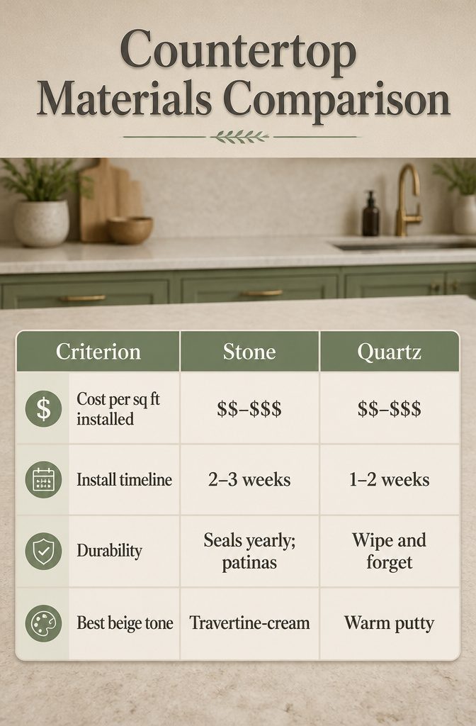 7 Beige and Green Kitchen Ideas for Cabinets, Countertops, and Accents 11 Table comparing countertop materials: stone, quartz, laminate.