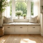 Built-in window seat with large white storage drawers underneath a bright window.