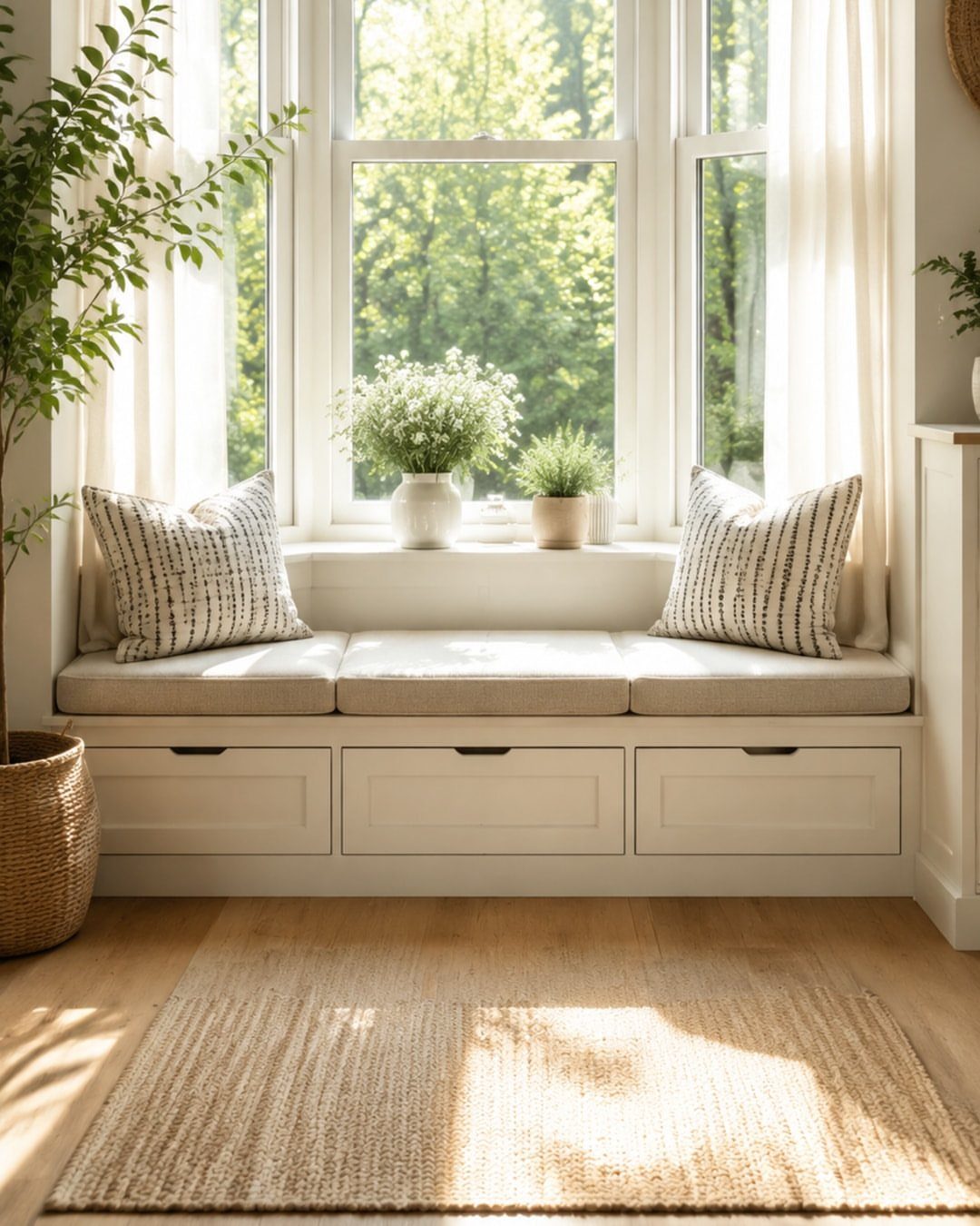 Built-in window seat with large white storage drawers underneath a bright window.