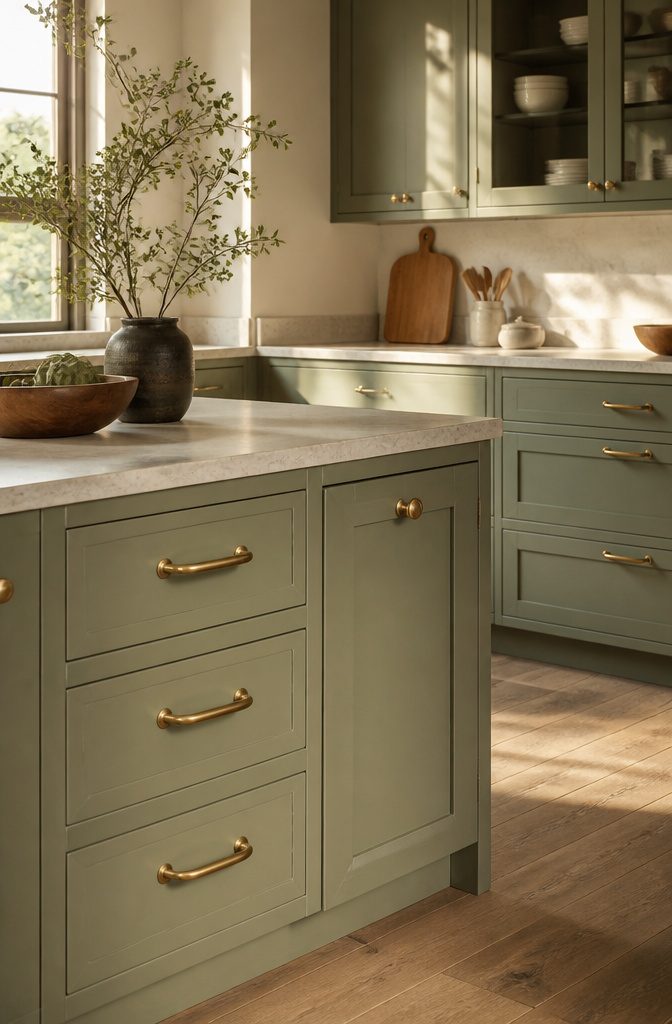 7 Beige and Green Kitchen Ideas for Cabinets, Countertops, and Accents 8 Matte brass hardware on olive green cabinets.