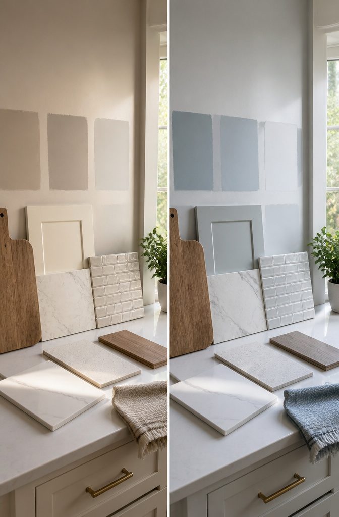 Neutral Kitchen Colors: 10 Ideas for a Timeless Space 12 Paint samples on walls showcasing various neutral colors.