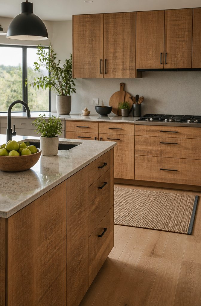 20 Unique Kitchen Cabinet Ideas for 2026 Renovations 15 Cabinets with cross-sawn timber surfaces in a modern kitchen.