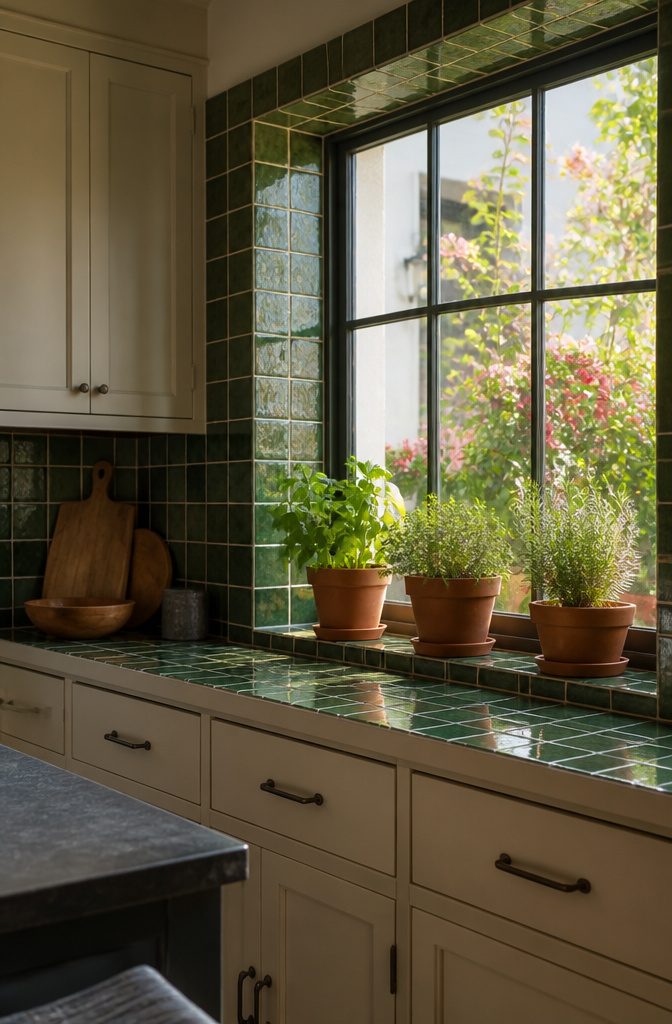 15 Kitchen Window Styles for Light, Views & Fresh Air 18 A beautifully tiled windowsill matching the kitchen backsplash.