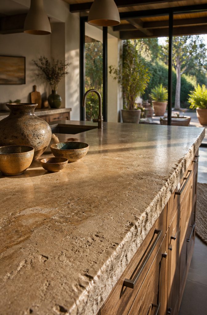Golden travertine countertop with visible textures in a kitchen setting.