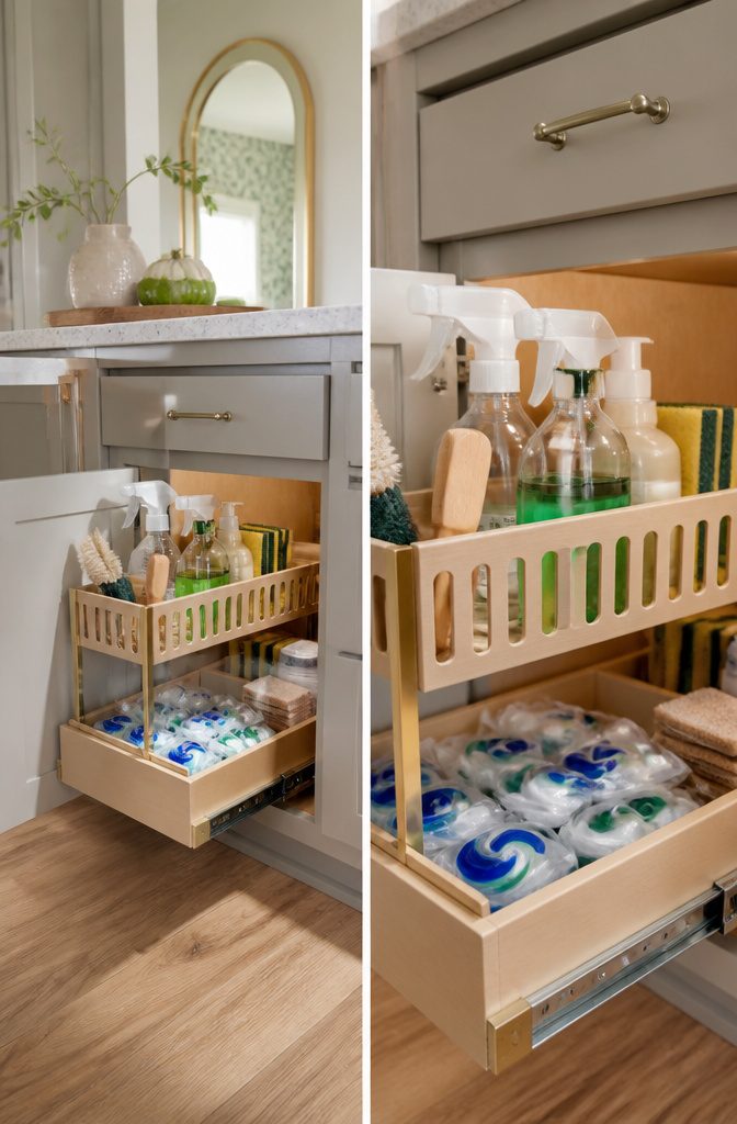 15 Kitchen Storage Ideas That Maximize Every Drawer and Shelf 8 Sliding cabinet organizer with two tiers for maximizing storage.
