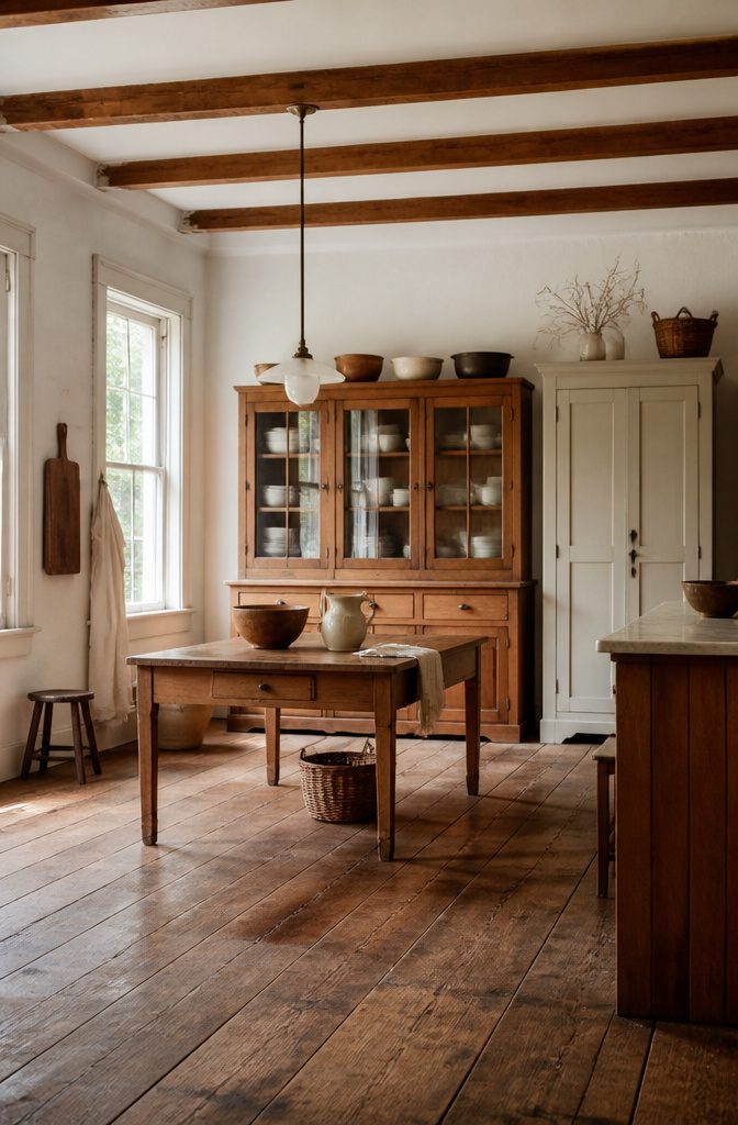 A vintage hutch and standalone pantry in an unfitted kitchen.