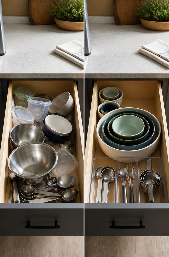 10 Functional Kitchen Counter Organization Ideas for Real Life 10 Collapsible colander and nesting bowls displayed on a kitchen counter.