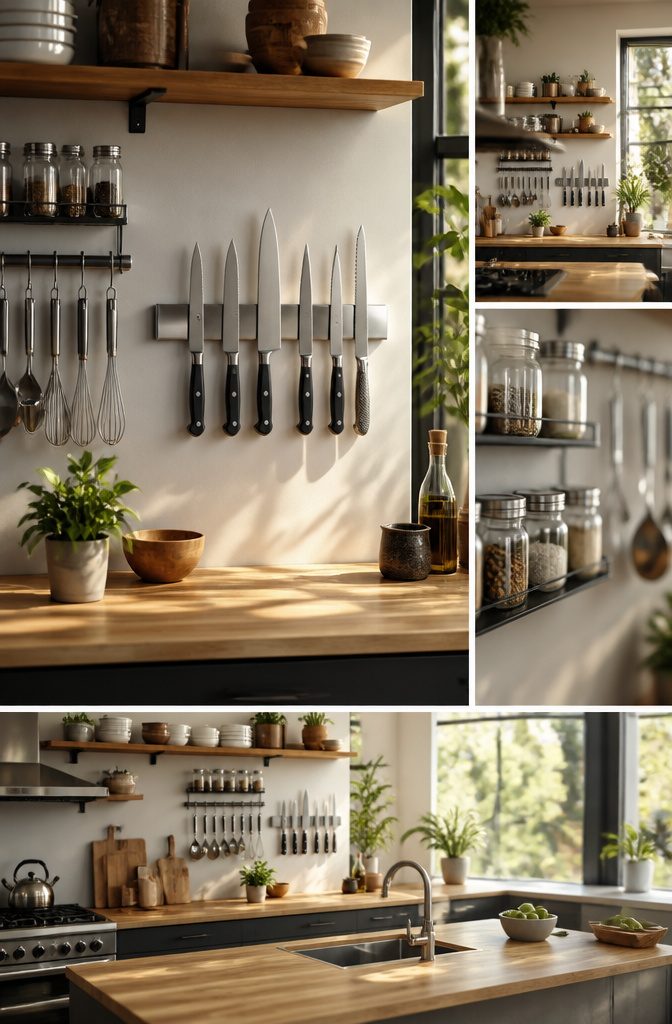 10 Functional Kitchen Counter Organization Ideas for Real Life 16 A magnetic knife strip mounted on a backsplash with knives attached.
