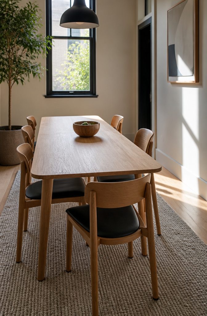 Dining Room Table and Chairs: 15 Sets for Every Space 3 Vincent dining set with thin oak table and minimalist chairs.