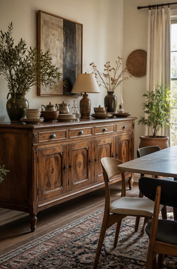 A vintage sideboard and retro bar cart in a dining space.