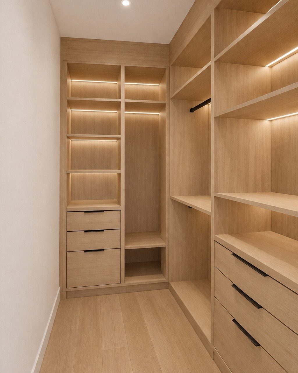 Light wood walk-in closet storage with integrated LED lighting, shelves, and drawers.