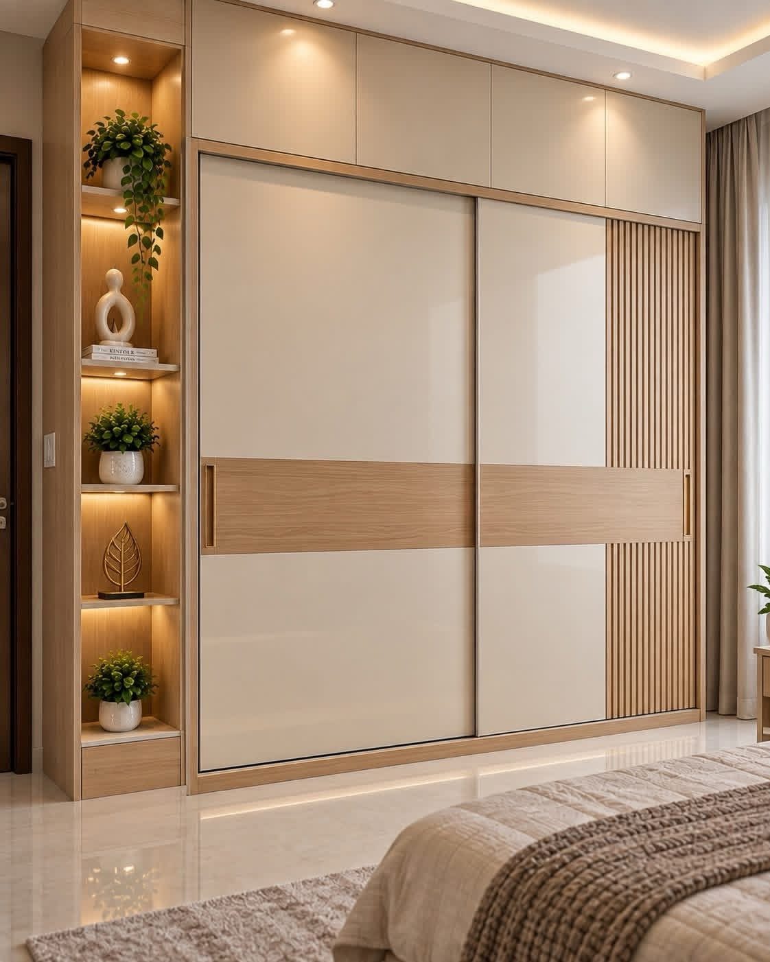 Modern cream sliding door wardrobe with integrated wooden accents and lit shelving units.