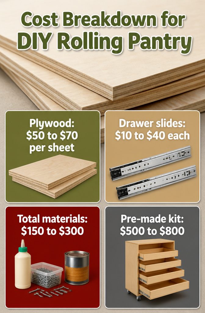 How to Build Rolling Pantry DIY Pull Out Shelves in 7 Steps 10 Information graphic detailing costs for DIY rolling pantry materials.