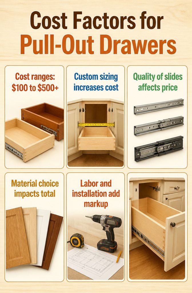 Pullout Drawers in Cabinet: Types, Costs, and Installation Guide 10 Information showing factors influencing the cost of pull-out drawers.