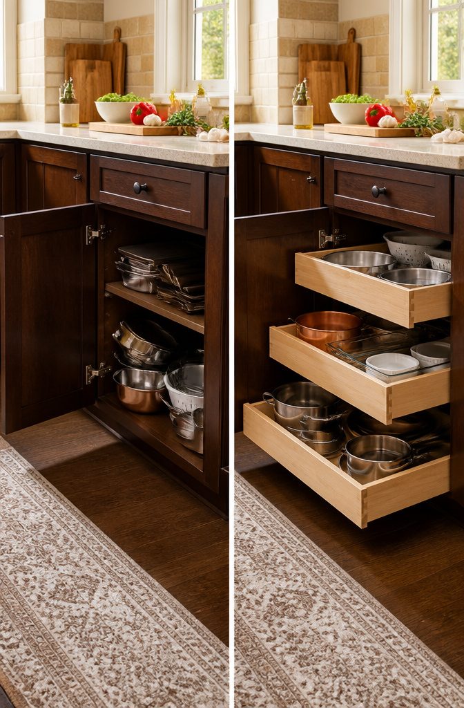 How to Build DIY Pull Out Drawers in Kitchen Cabinets in 7 Steps 11 A standard base cabinet with pull-out drawers for easy access.